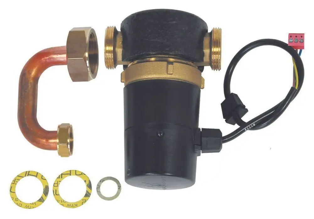 Zirkulationspumpe von Vaillant mit einem schwarzen und goldenen Gehäuse, Kupferrohr, elektrischen Anschlüssen und Dichtungsringen.